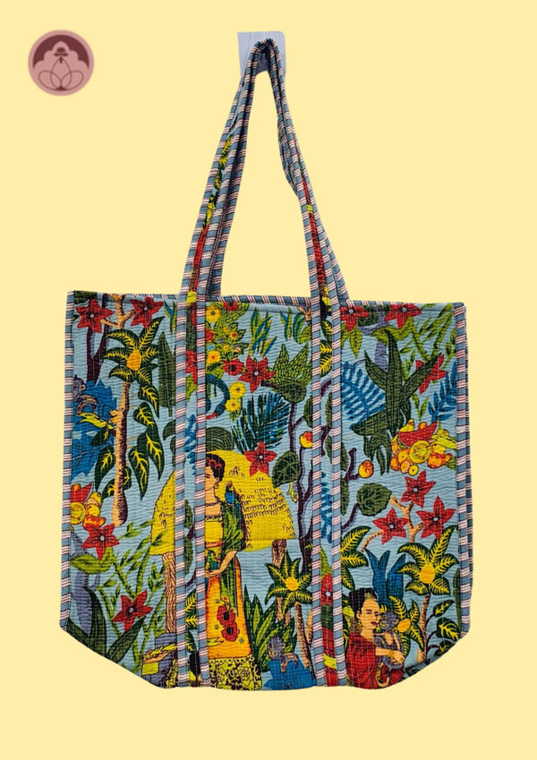 Tropical Muse Sky Blue Printed Quilted Cotton Tote Bag