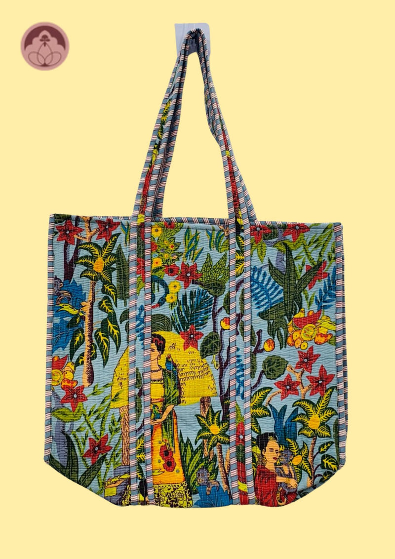 Tropical Muse Sky Blue Printed Quilted Cotton Tote Bag