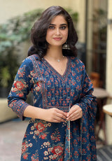 Suru blue cotton straight suit set with mul cotton dupatta