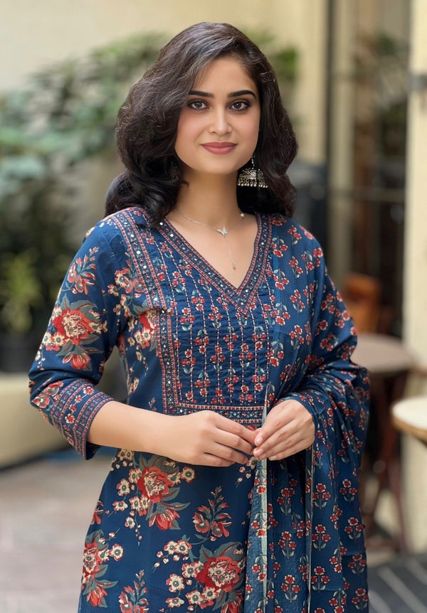 Suru blue cotton straight suit set with mul cotton dupatta