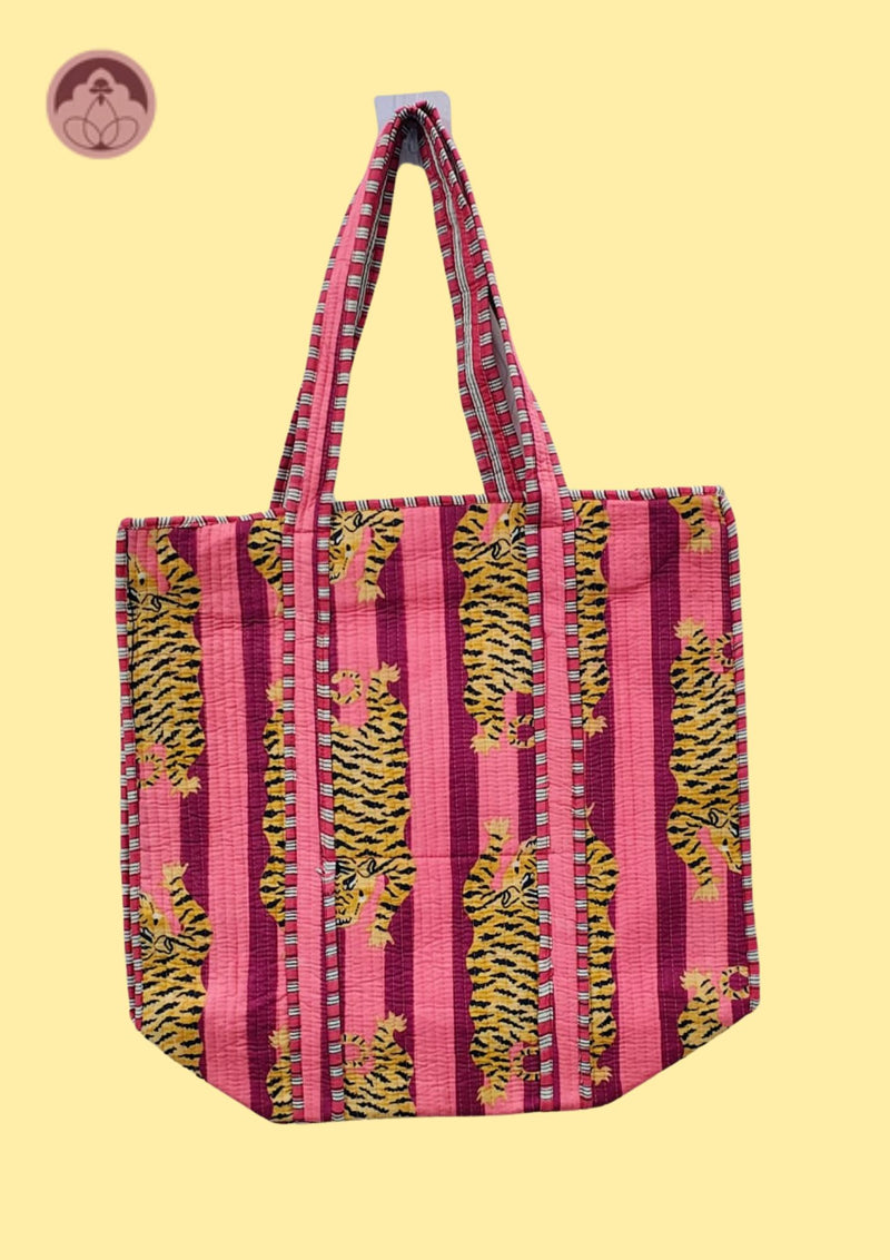 Blush Safari Pink Tiger Print Quilted Cotton Tote Bag