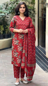 Suru red cotton straight suit set with mul cotton dupatta