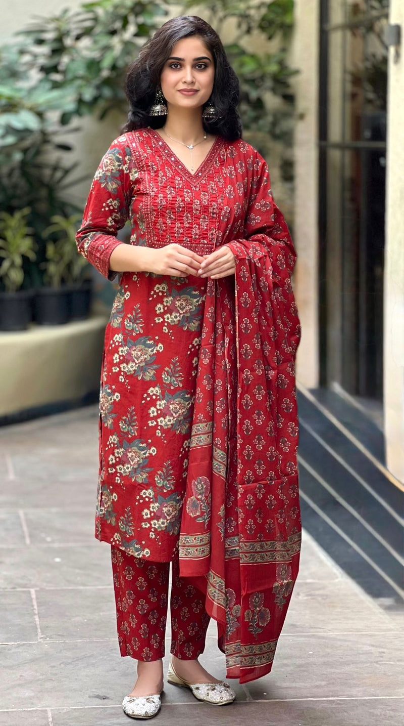 Suru red cotton straight suit set with mul cotton dupatta