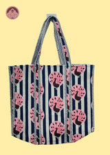 Peacock Parade Navy Blue & Pink Quilted Cotton Tote Bag
