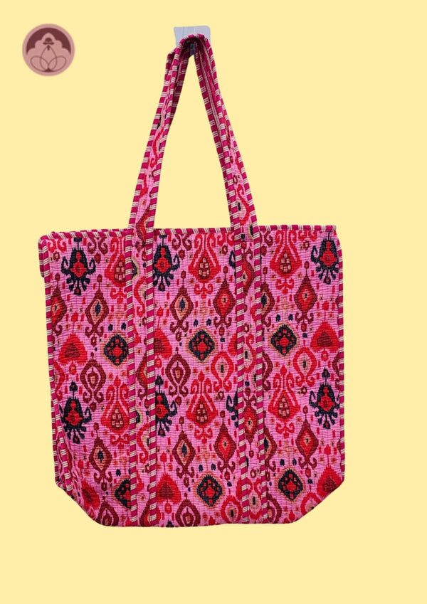 Boho Bliss Pink & Red Ikat Print Quilted Cotton Tote Bag
