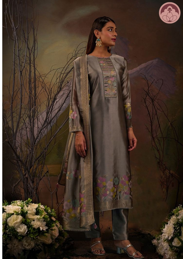 Gohar blue grey silk suit set with dupatta