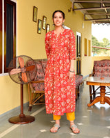 Ranu Red Handblock Cotton Straight Kurta