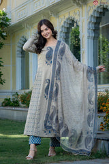 Aafreen Beige & Blue Paisley Classic Unstitched Suit Set With Chiffon Dupatta
