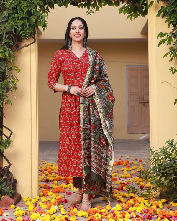 Razia Red Handblock Cotton Pleated Straight Suit Set