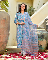 Badra Blue Floral Cotton Unstitched Suit set