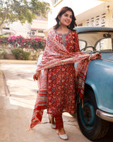 Rachida Red Embroidery Handblock Chanderi Suit Set