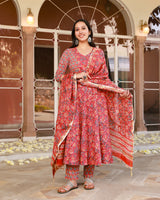 Rashida Red Cotton Anarkali Suit Set