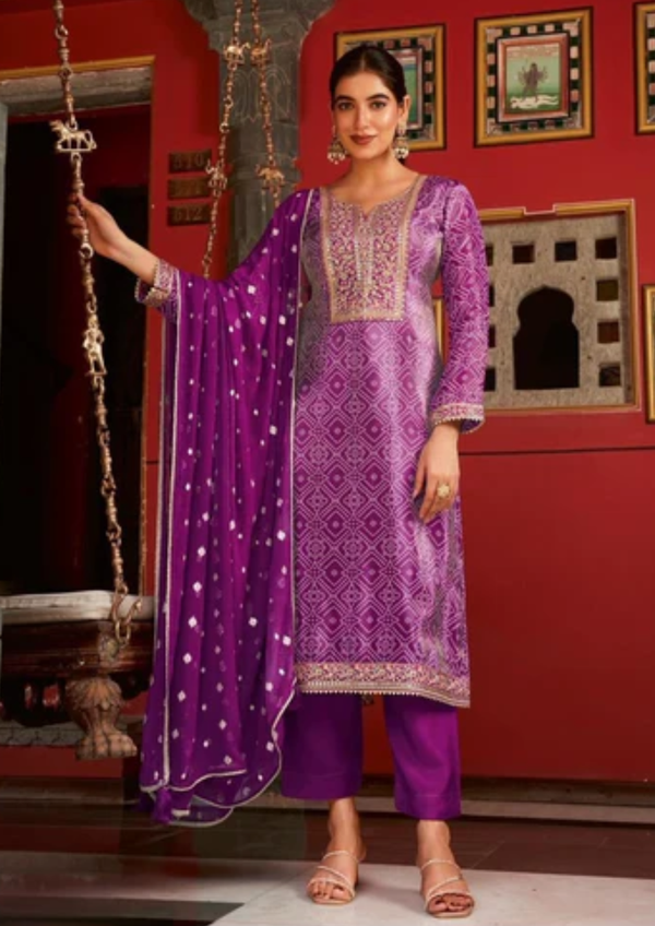 Sawari purple tissue silk embroidered suit set with silk dupatta