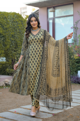 Vintage Charm Beige Printed Suit Set With Chiffon Dupatta
