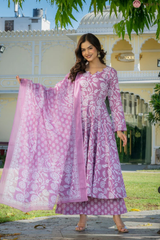 Aafreen Pink Heritage Motif Floral Anarkali Suit Set with Mul Cotton Dupatta
