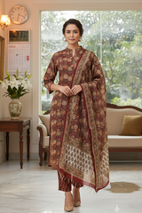 Elegant Maroon Floral Printed Chanderi Suit Set With Chanderi Dupatta