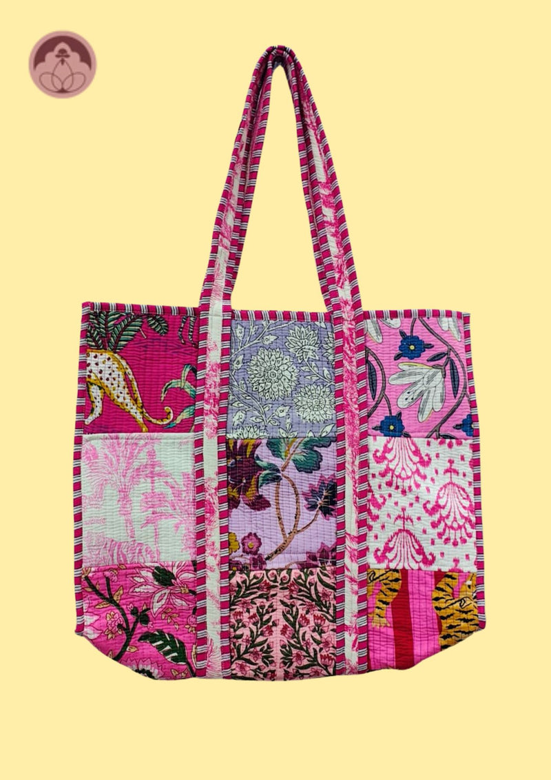 Dreamscape Fuchsia Pink Patchwork Quilted Cotton Tote Bag
