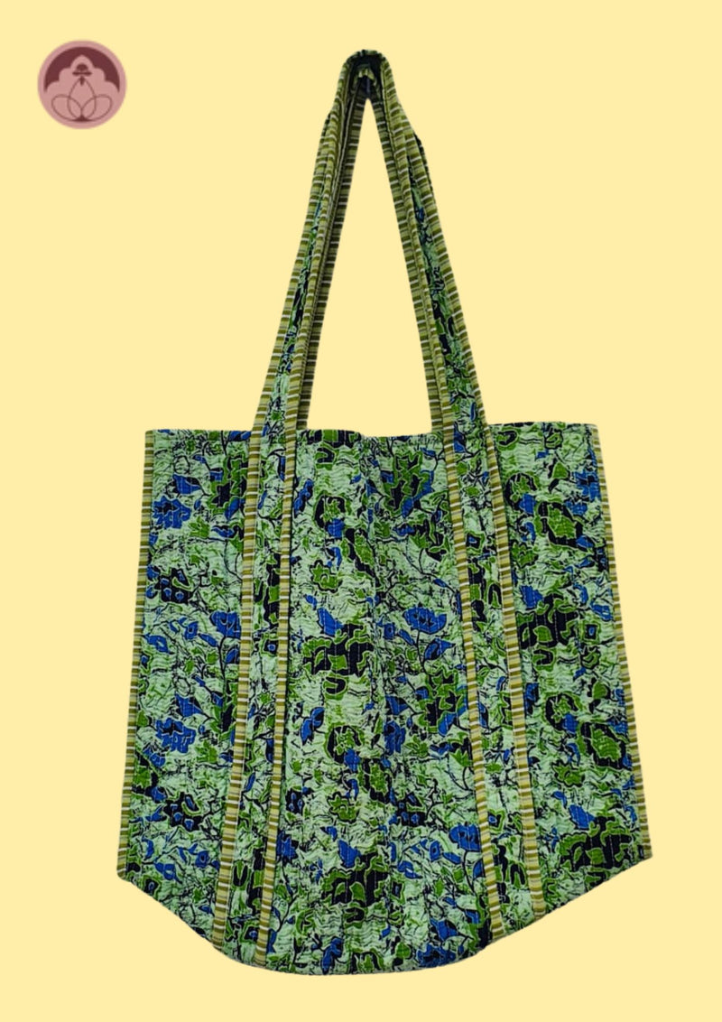 Meadow Magic Lime Green & Royal Blue Floral Quilted Cotton Tote Bag