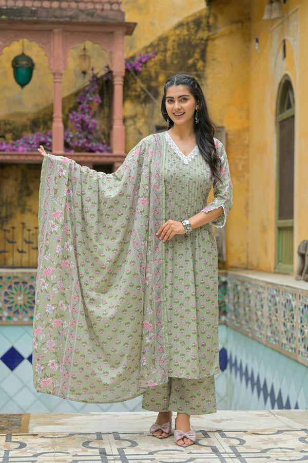 Sage Petals Soft Cotton Suit Set