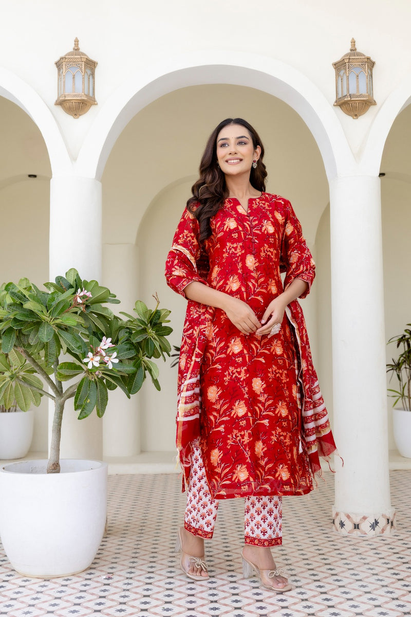 Rumi red chanderi straight suit set with chanderi dupatta