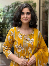 Sunheri Bloom Mustard Floral printed Cotton Suit Set