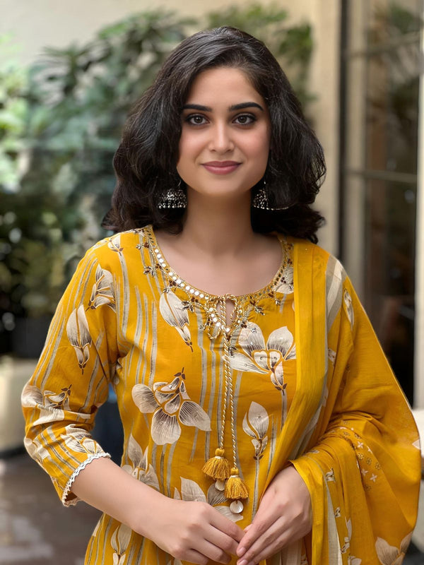 Sunheri Bloom Mustard Floral printed Cotton Suit Set