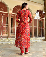 Roze Red Handblock Chanderi Straight Suit Set