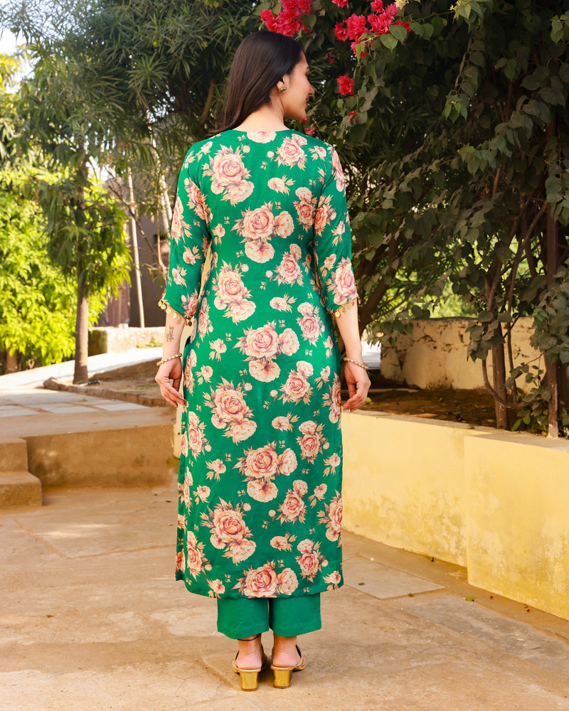 Gehna Green Floral Straight Suit Set (Plus size)