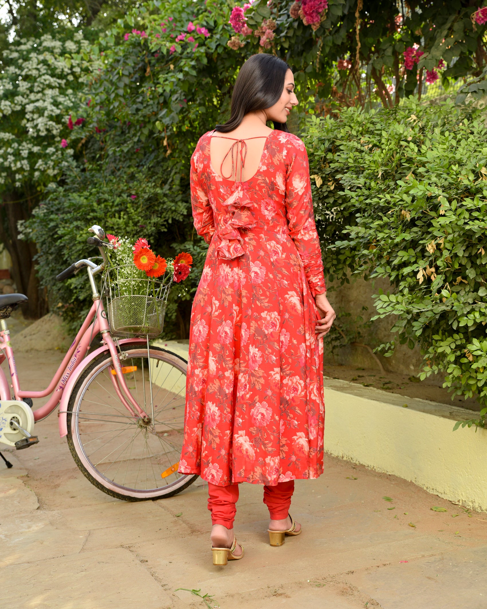 Red Printed Cotton Anarkali Suit Set With Jacket