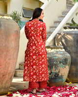 Reena Red Handblock Cotton Straight Suit Set
