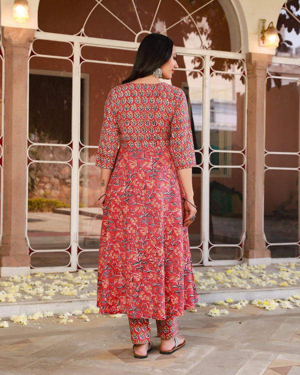Rashida Red Cotton Anarkali Kurta Pant Set