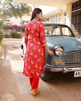 Ramya Red Floral Straight Fit Suit Set (Plus Size)