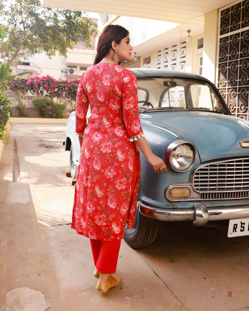 Ramya Red Floral Straight Fit Suit Set (Plus Size)