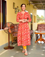 Ranu Red Handblock Cotton Straight Kurta