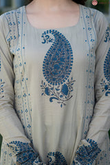 Zarmina Beige Blue Heritage Paisley Elegant Kurta and Pant Only