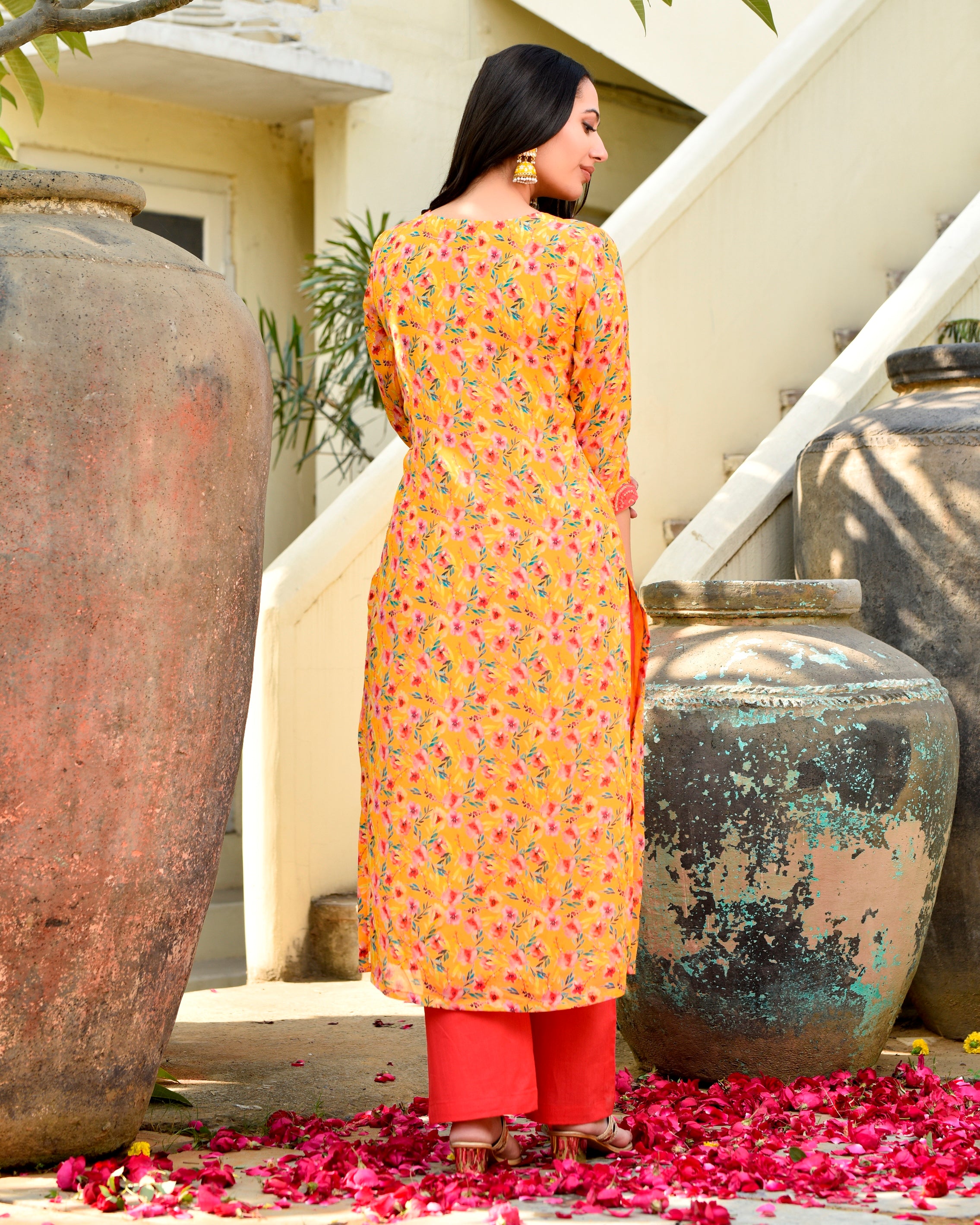 Yellow Pink Floral Embroidered Straight Cut Suit