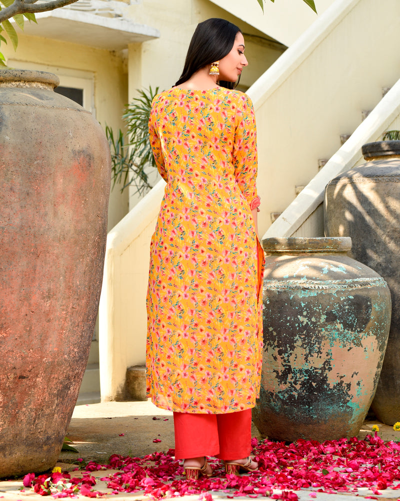 Yesha Yellow Floral Straight Fit Suit Set (Plus Size)
