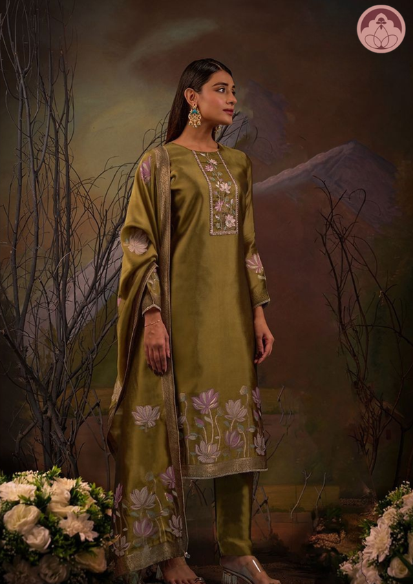 Gohar green silk suit set with dupatta