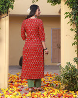 Razia Red Handblock Cotton Pleated Straight Kurta