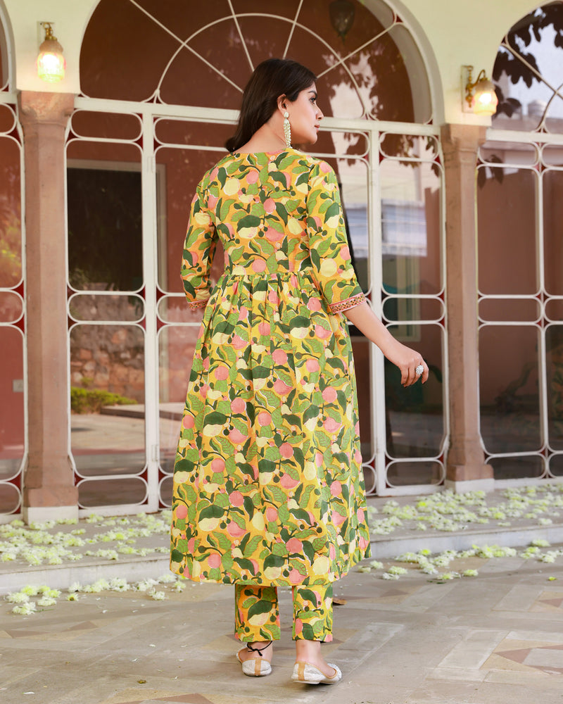 Yaani Yellow Floral Handblock Kurta Pant Set
