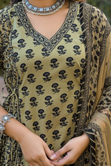 Vintage Charm Beige Printed Suit Set With Chiffon Dupatta