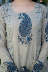 Zarmina Beige Blue Heritage Paisley Elegant Suit Set with Chiffon Dupatta