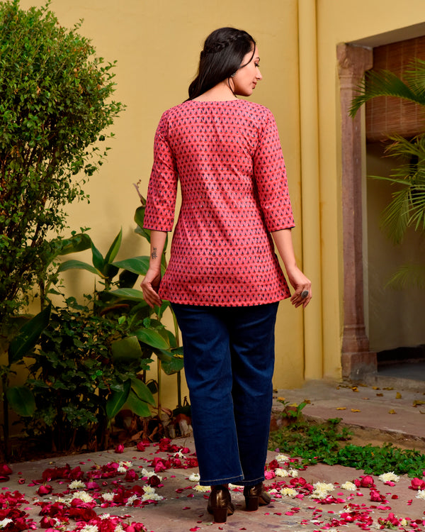 Fiery Rose Handblock Pintucks Short Kurta