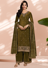 Twinkle green embroidered velvet suit set with velvet dupatta