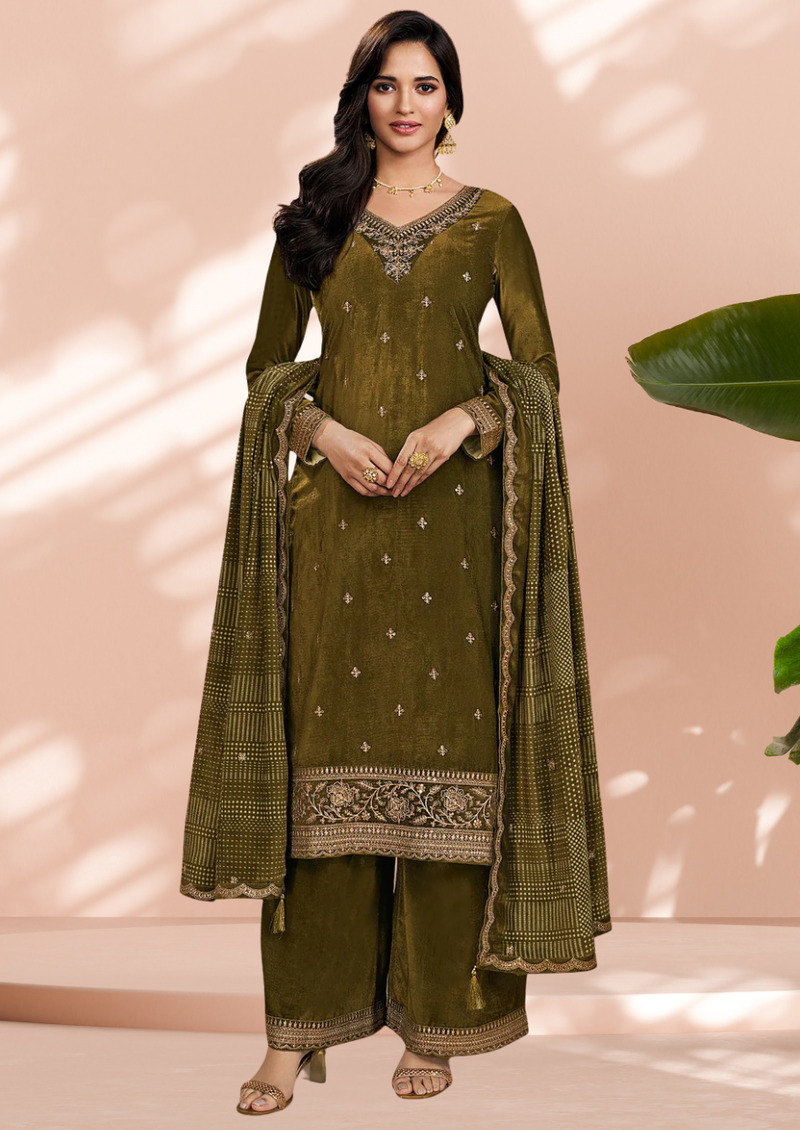 Twinkle green embroidered velvet suit set with velvet dupatta