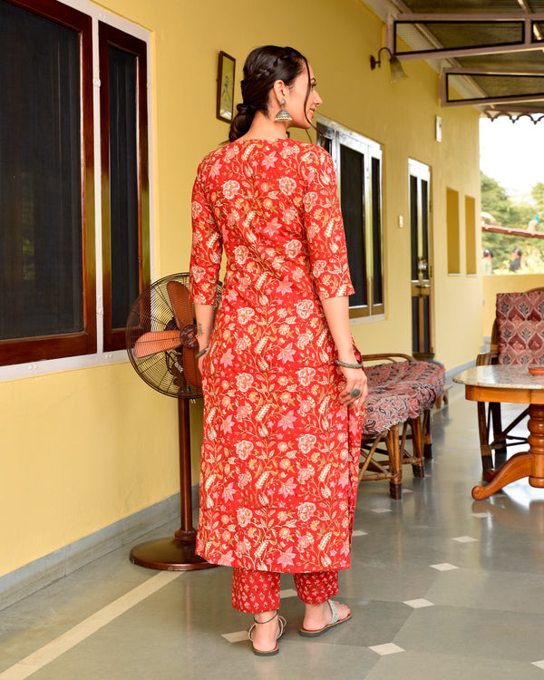 Ranu Red Handblock Cotton Straight Suit Set