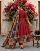 Zarvisha Wine Maroon Heritage Patchwork Printed Anarkali Suit Set with Dupatta