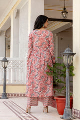 Jasmine peach handblock printed anarkali suit set with kota doria Dupatta