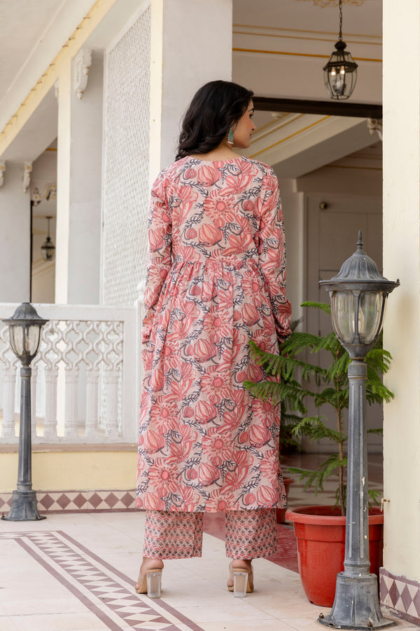 Jasmine peach handblock printed anarkali Kurta Pant Set