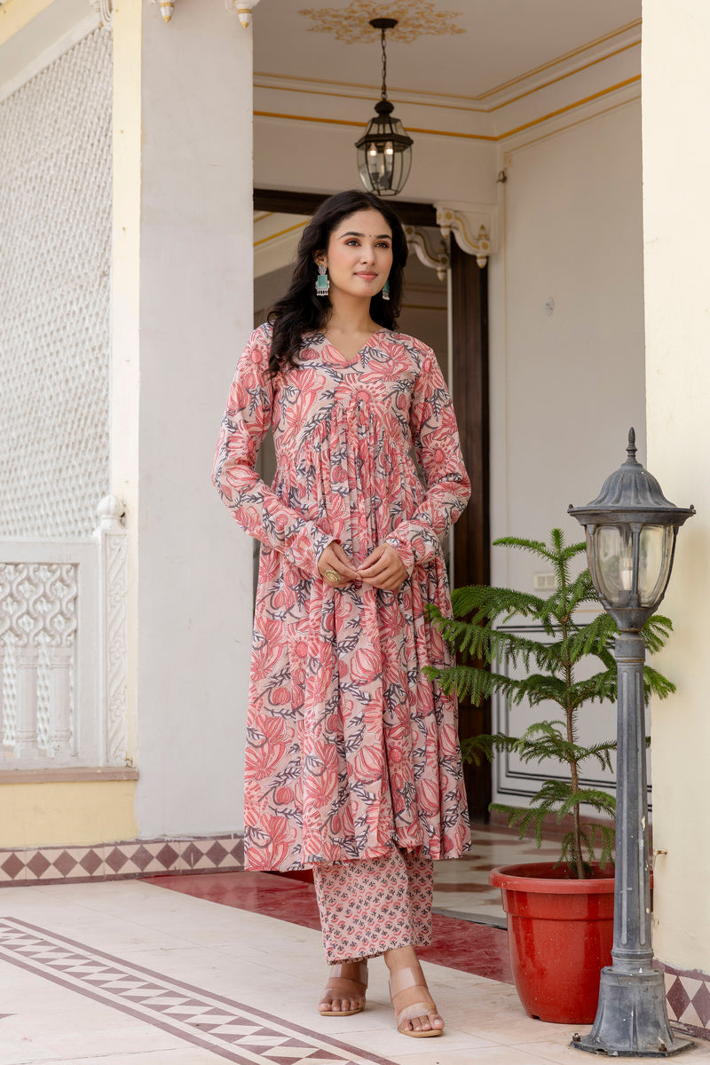 Jasmine peach handblock printed anarkali suit set with kota doria Dupatta